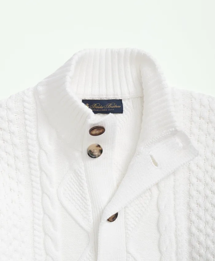 Men Cotton Stand Collar Aran Knit Cardigan White Brooks Brothers Sweaters