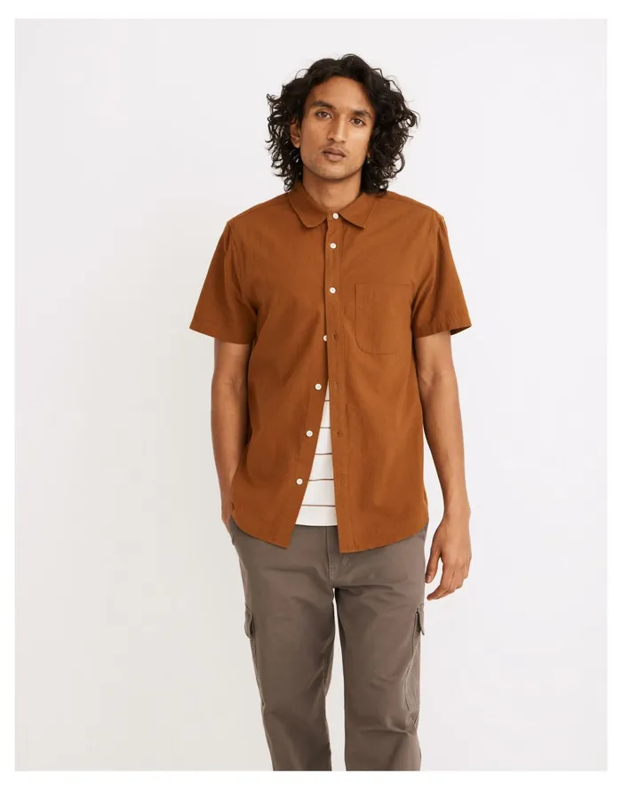 Men Crinkle Cotton Perfect Short Sleeve Shirt Warm Chestnut Madewell Shirts