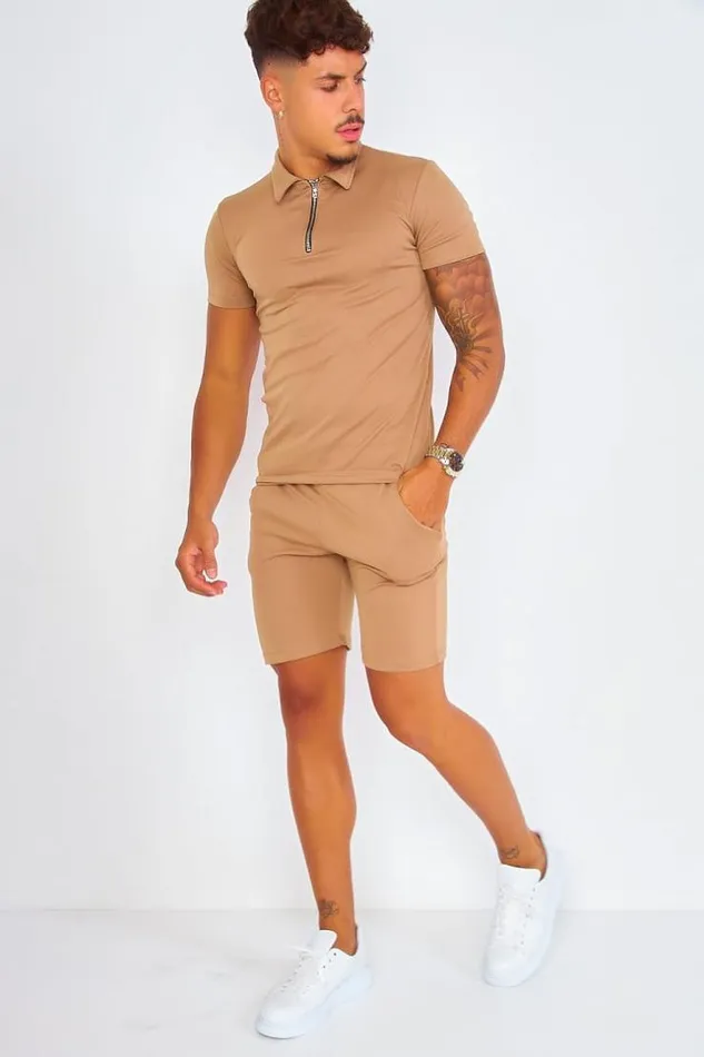 Men Ensemble Beige Fonc Polo Short Beige Brentiny Paris Top Bottom Sets
