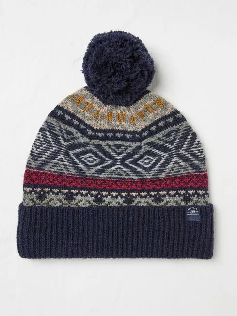 Men Fatface Hats Navy Textured Fairisle Bobble Hat