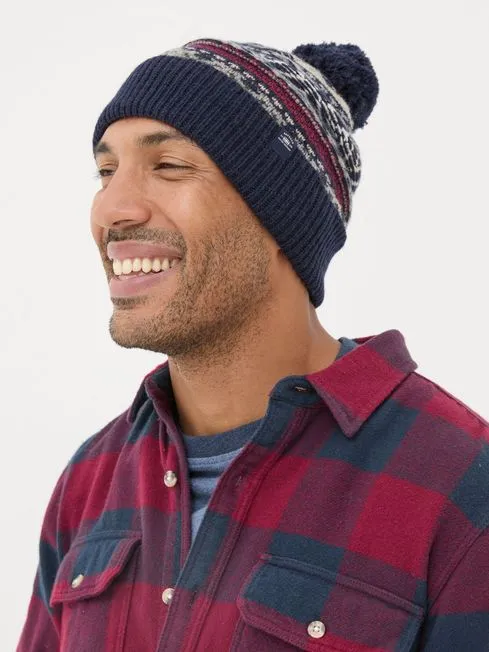 Men Fatface Hats Navy Textured Fairisle Bobble Hat Men Fatface Hats Navy Textured Fairisle Bobble Hat