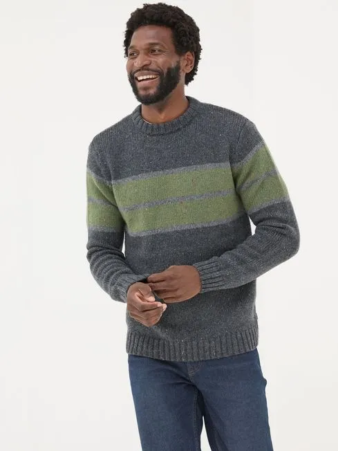 Men Fatface Knitwear Charcoal Grey Funtley Stripe Crew Neck Jumper