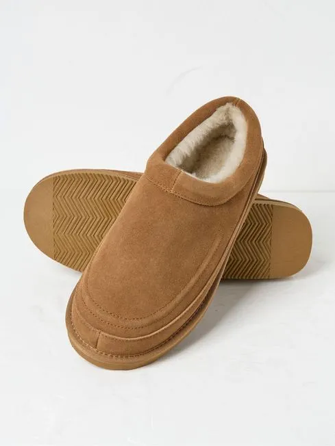 Men Fatface Loungewear Lewis Tan Brown Suede Snug Mule Slippers