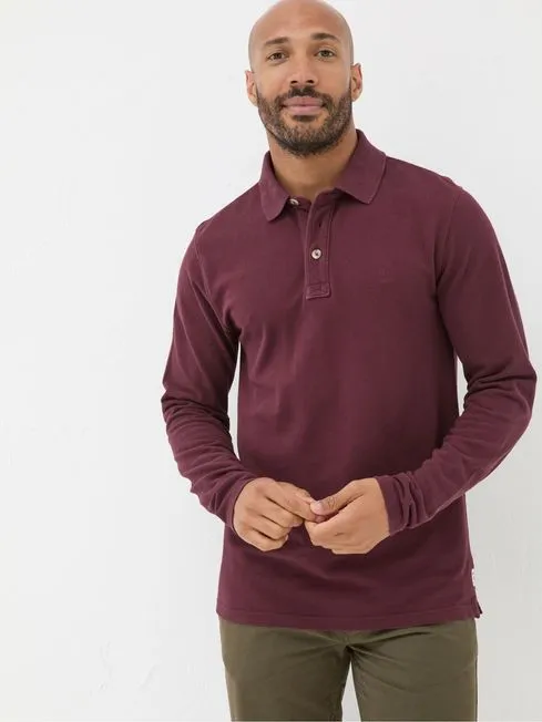 Men Fatface Polo Shirts Burgundy Red Long Sleeve Organic Pique Polo Shirt