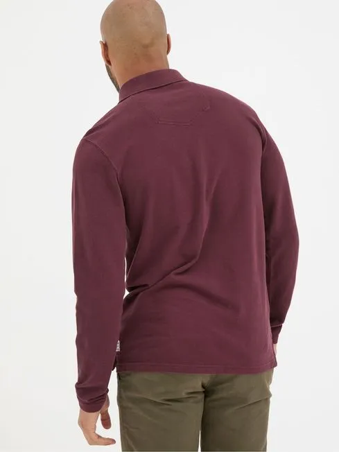 Men Fatface Polo Shirts Burgundy Red Long Sleeve Organic Pique Polo Shirt
