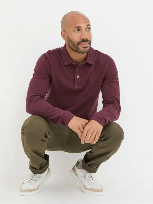 Men Fatface Polo Shirts Burgundy Red Long Sleeve Organic Pique Polo Shirt