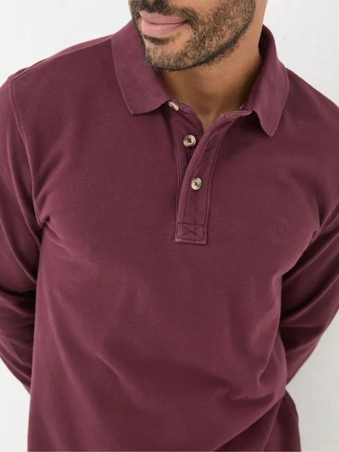 Men Fatface Polo Shirts Burgundy Red Long Sleeve Organic Pique Polo Shirt
