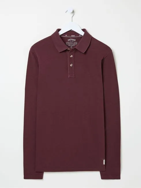 Men Fatface Polo Shirts Burgundy Red Long Sleeve Organic Pique Polo Shirt