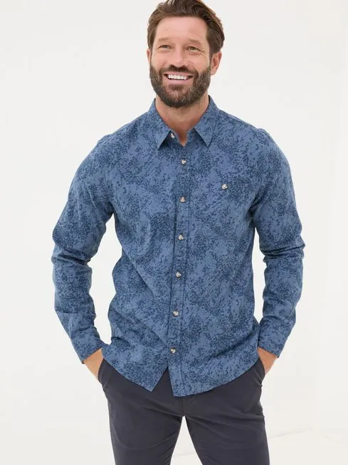Men Fatface Shirts Blue Long Sleeve Leaf Print 100 Cotton Shirt