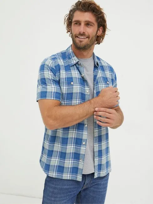 Men Fatface Shirts Bodmin Blue Indigo Check Shirt