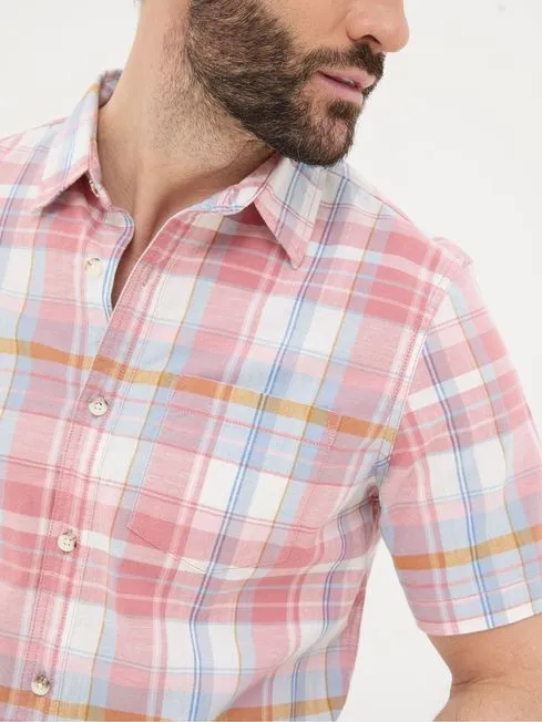 Men Fatface Shirts Pink Short Sleeve Baston Check Shirt
