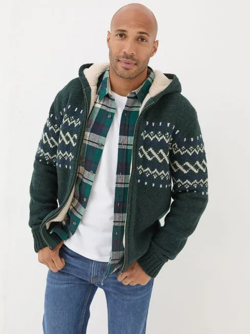 Men Fatface Sweatshirts and Hoodies Dark Green Findon Knitted Pattern Hoodie