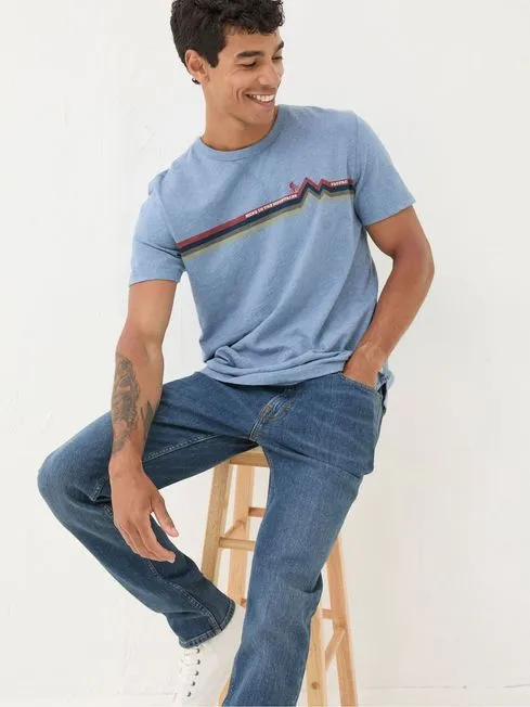 Men Fatface TShirts Blue Bike Chest Stripe TShirt