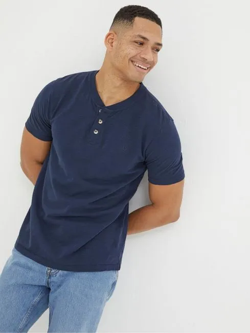 Men Fatface TShirts Navy Blue Woodside Slub Henley TShirt