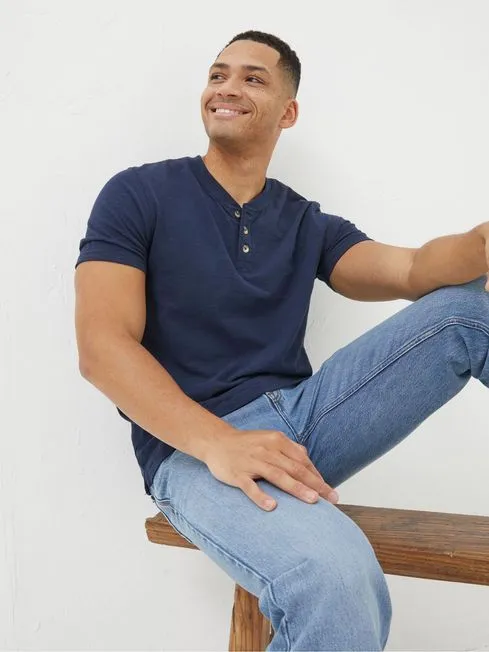 Men Fatface TShirts Navy Blue Woodside Slub Henley TShirt