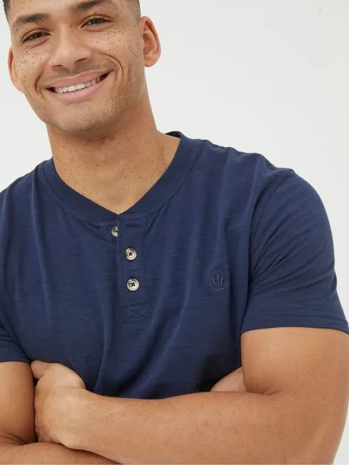 Men Fatface TShirts Navy Blue Woodside Slub Henley TShirt