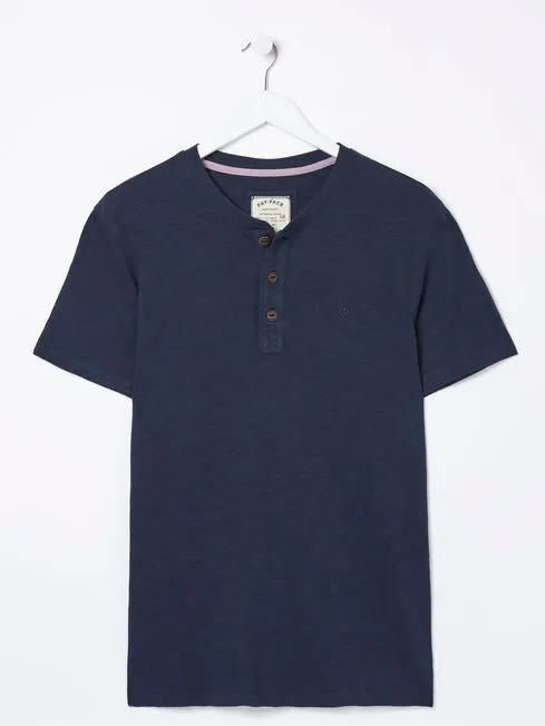 Men Fatface TShirts Navy Blue Woodside Slub Henley TShirt