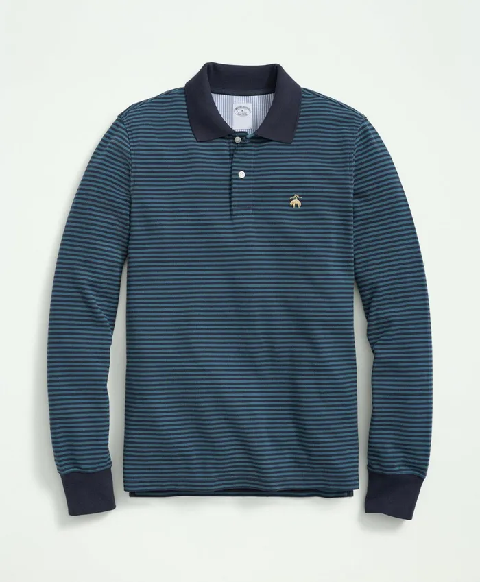 Men Golden Fleece Stretch Supima Cotton Pique LongSleeve Feeder Striped Polo Shirt Greennavy Brooks Brothers Polo and Rugby Shirts Men Golden Fleece Stretch Supima Cotton Pique LongSleeve Feeder Striped Polo Shirt Greennavy Brooks Brothers Polo and Rugby Shirts