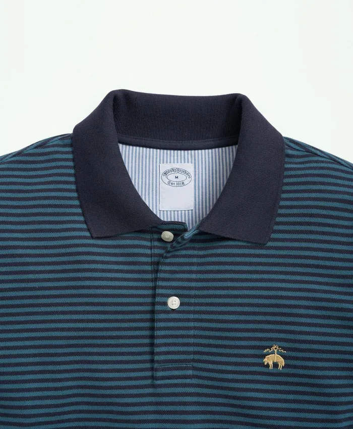 Men Golden Fleece Stretch Supima Cotton Pique LongSleeve Feeder Striped Polo Shirt Greennavy Brooks Brothers Polo and Rugby Shirts