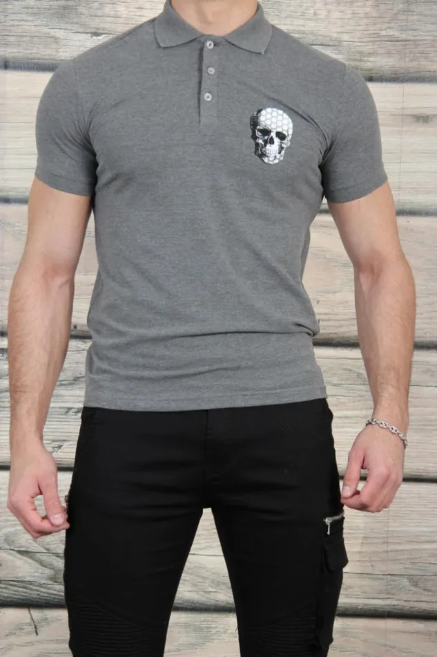 Men Grey Polo Shirt With Skull On The Back Grey Brentiny Paris Polo Shirts
