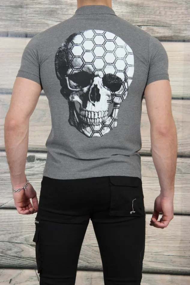 Men Grey Polo Shirt With Skull On The Back Grey Brentiny Paris Polo Shirts Men Grey Polo Shirt With Skull On The Back Grey Brentiny Paris Polo Shirts