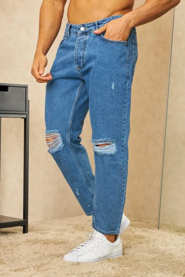 Men Jeans Bleu Fonc Coupe Relaxed Dchir Blue Brentiny Paris Jeans
