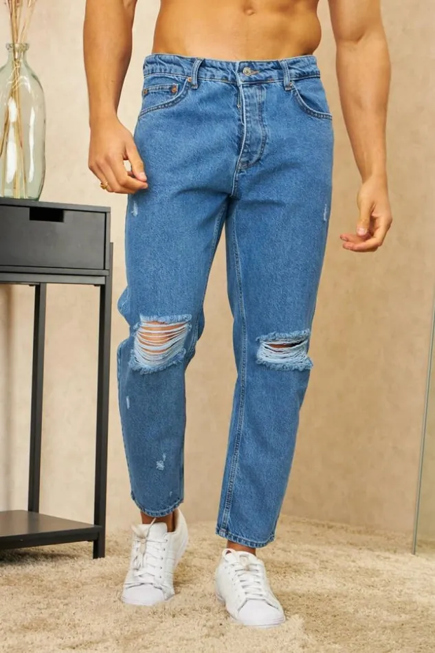 Men Jeans Bleu Fonc Coupe Relaxed Dchir Blue Brentiny Paris Jeans