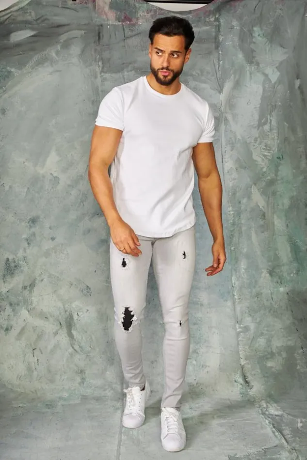 Men Jeans Skinny Gris Dchirures Doubles Noires Grey Brentiny Paris Jeans