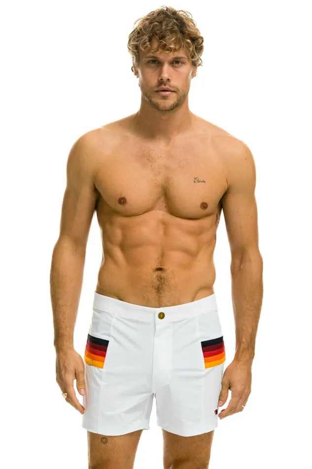 Men MEN039S HORIZONTAL 5 STRIPE FLEX SHORTS 8211 WHITE Aviator Nation Shorts