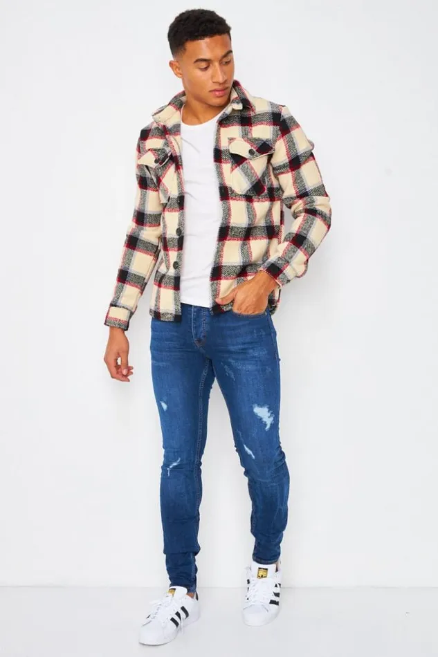 Men Overshirt In Beige With Black And Red Check Pattern Beige Brentiny Paris Shirts