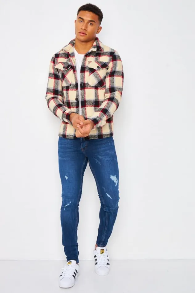 Men Overshirt In Beige With Black And Red Check Pattern Beige Brentiny Paris Shirts