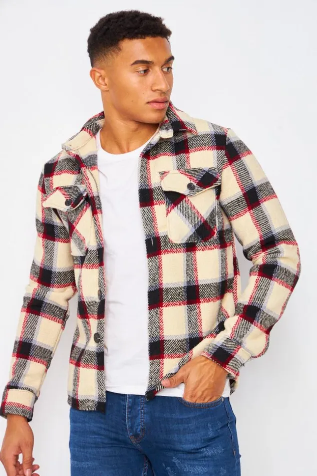 Men Overshirt In Beige With Black And Red Check Pattern Beige Brentiny Paris Shirts