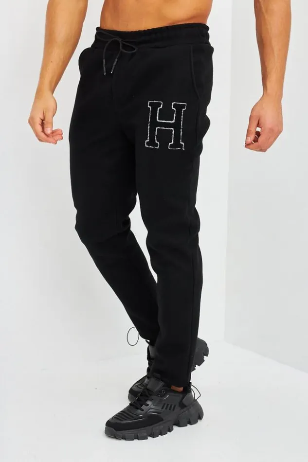 Men Pantalon Type Jogging Noir Inscription H Black Brentiny Paris Pants