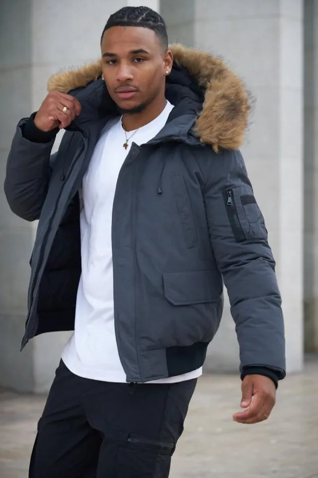 Men Parka BiMatire Grise Capuche En Fourrure Grey Brentiny Paris Parkas And Down Jackets