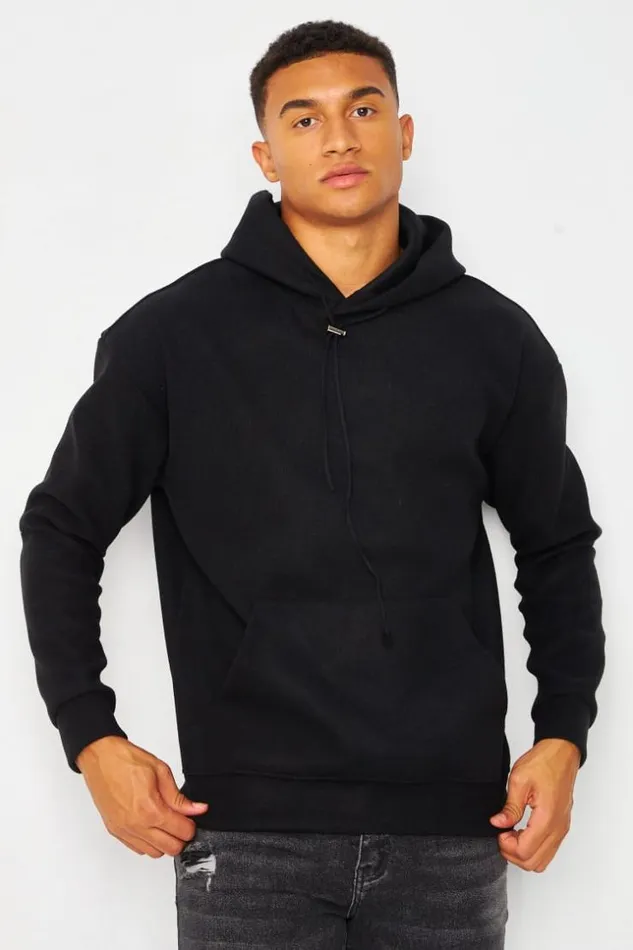 Men Plain Fleece Hoodie In Black Black Brentiny Paris Sweatshirts and Pullovers