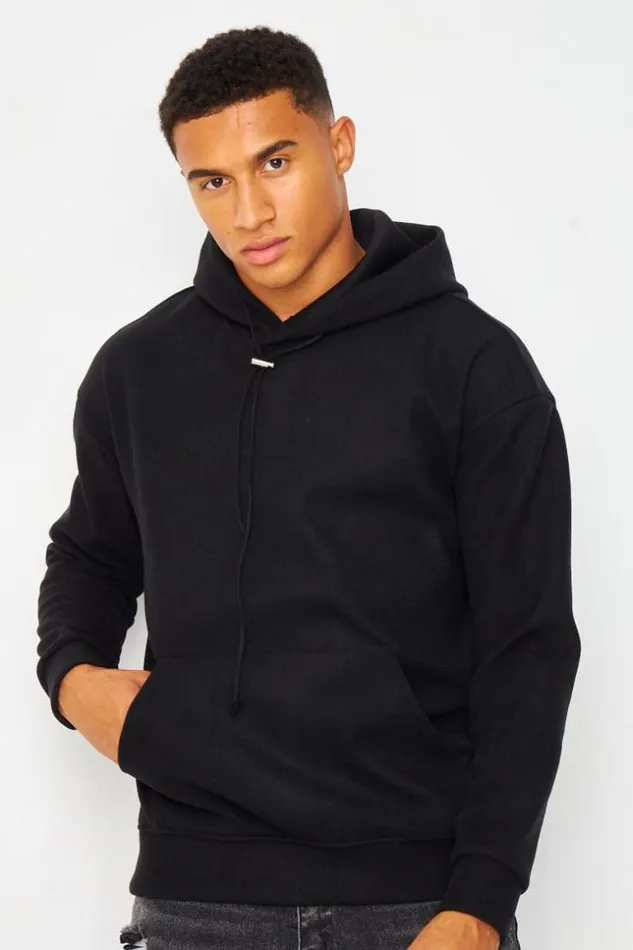 Men Plain Fleece Hoodie In Black Black Brentiny Paris Sweatshirts and Pullovers