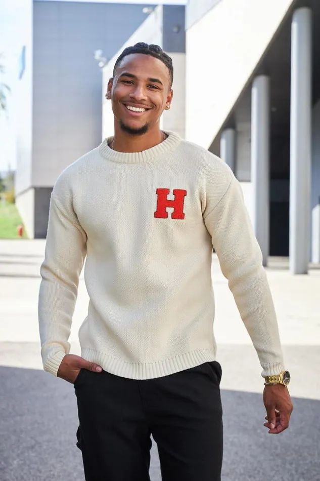 Men Pull Beige En Maille Logo 034H034 Orange Beige Brentiny Paris Sweatshirts and Pullovers
