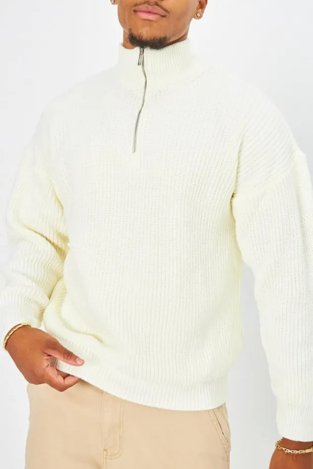 Men Pull Blanc En Maille Col Zipp White Brentiny Paris Sweatshirts and Pullovers