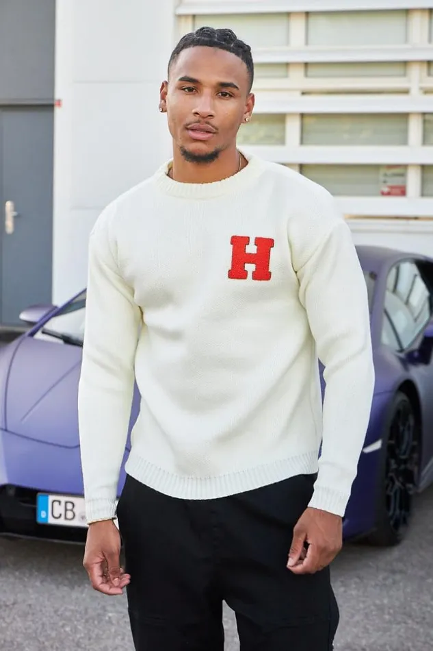 Men Pull Blanc En Maille Logo 034H034 Orange White Brentiny Paris Sweatshirts and Pullovers