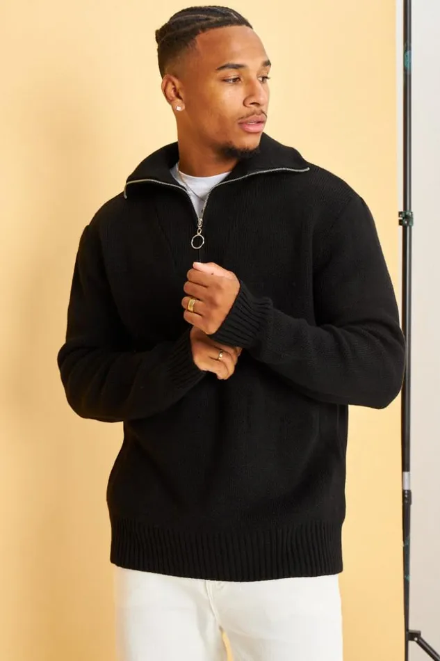 Men Pull Noir Col Montant Zipp Black Brentiny Paris Sweatshirts and Pullovers