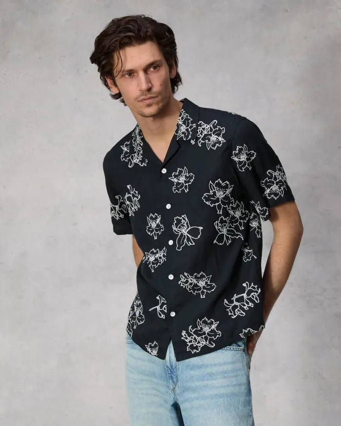 Men Rag and Bone Shirts Avery Resort Embroidered Shirt Black