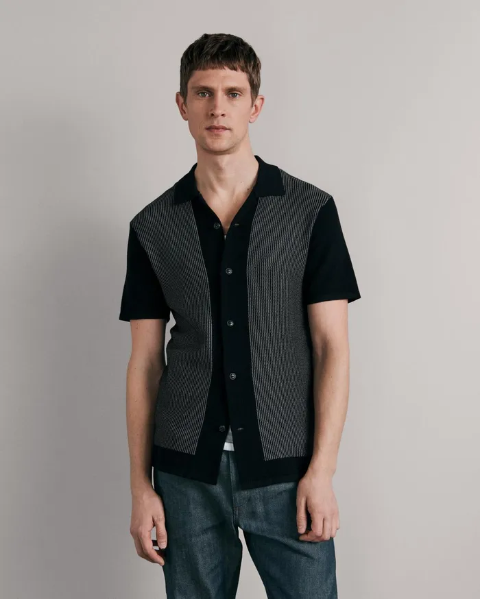 Men Rag and Bone Shirts Harvey Cotton Knit Camp Shirt Black White