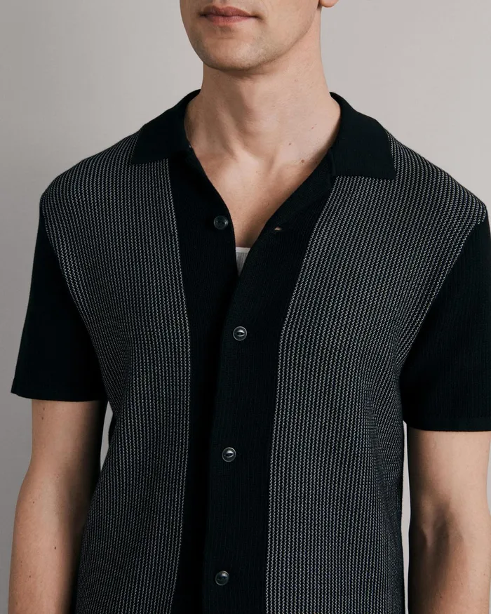 Men Rag and Bone Shirts Harvey Cotton Knit Camp Shirt Black White Men Rag and Bone Shirts Harvey Cotton Knit Camp Shirt Black White