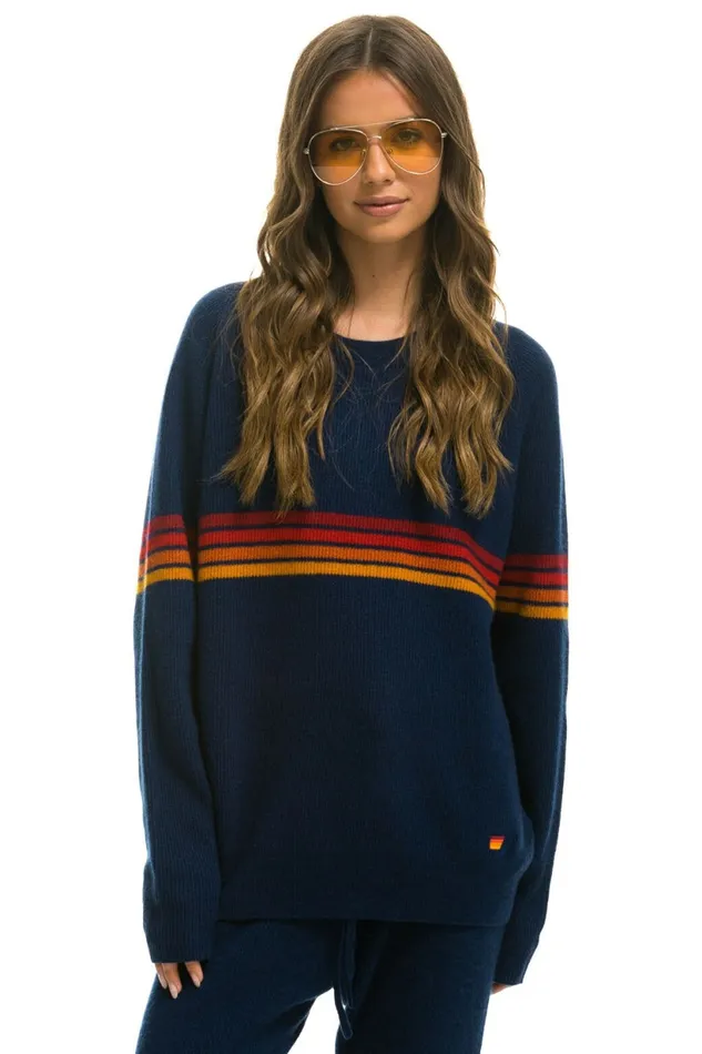 Men RAINBOW STRIPE 4 UNISEX CASHMERE SWEATER 8211 MIDNIGHT Aviator Nation CrewSweatshirts