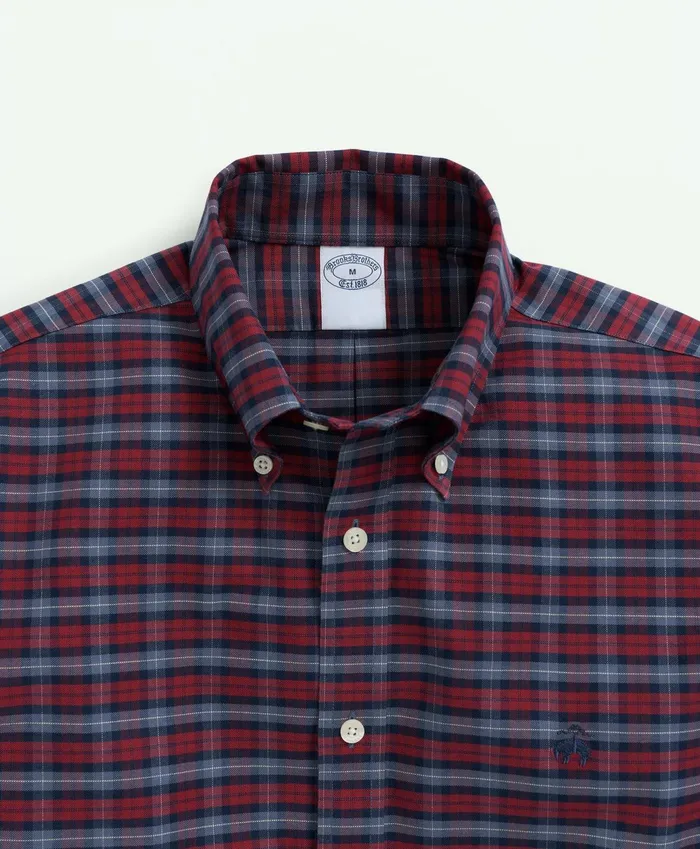 Men Stretch Cotton NonIron Oxford Polo ButtonDown Collar Tartan Shirt Burgundy Brooks Brothers Sport Shirts