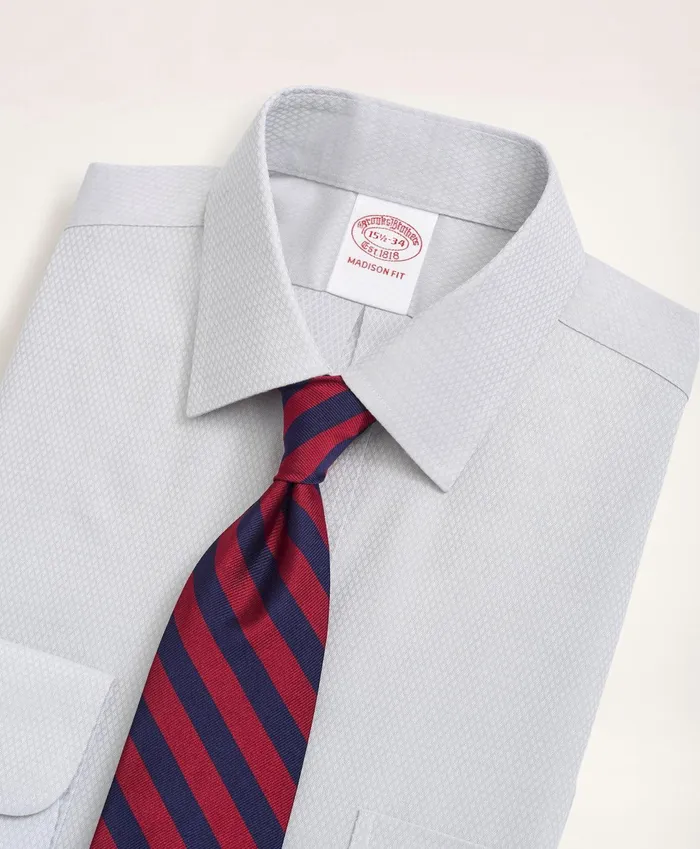 Men Stretch Madison RelaxedFit Dress Shirt NonIron Dobby Ainsley Collar Diamond Light Grey Brooks Brothers Dress Shirts