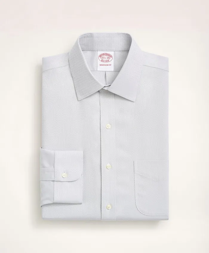 Men Stretch Madison RelaxedFit Dress Shirt NonIron Dobby Ainsley Collar Diamond Light Grey Brooks Brothers Dress Shirts