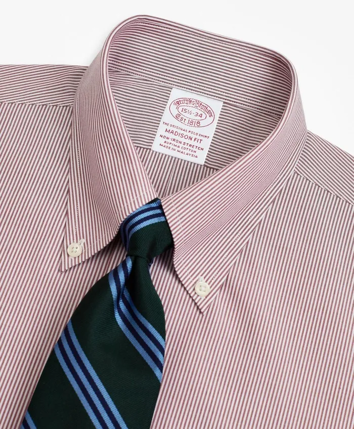 Men Stretch Madison RelaxedFit Dress Shirt NonIron Poplin ButtonDown Collar Fine Stripe Red Brooks Brothers Dress Shirts