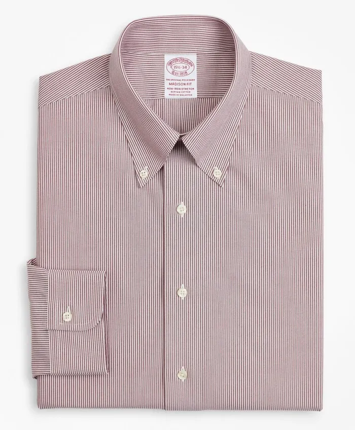 Men Stretch Madison RelaxedFit Dress Shirt NonIron Poplin ButtonDown Collar Fine Stripe Red Brooks Brothers Dress Shirts