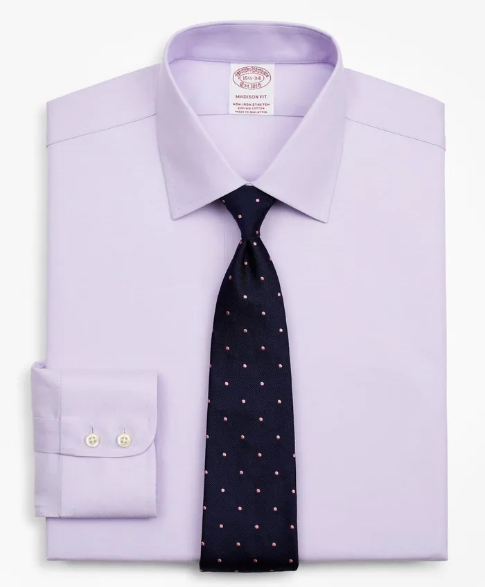 Men Stretch Madison RelaxedFit Dress Shirt NonIron Twill Ainsley Collar Lavender Brooks Brothers Dress Shirts